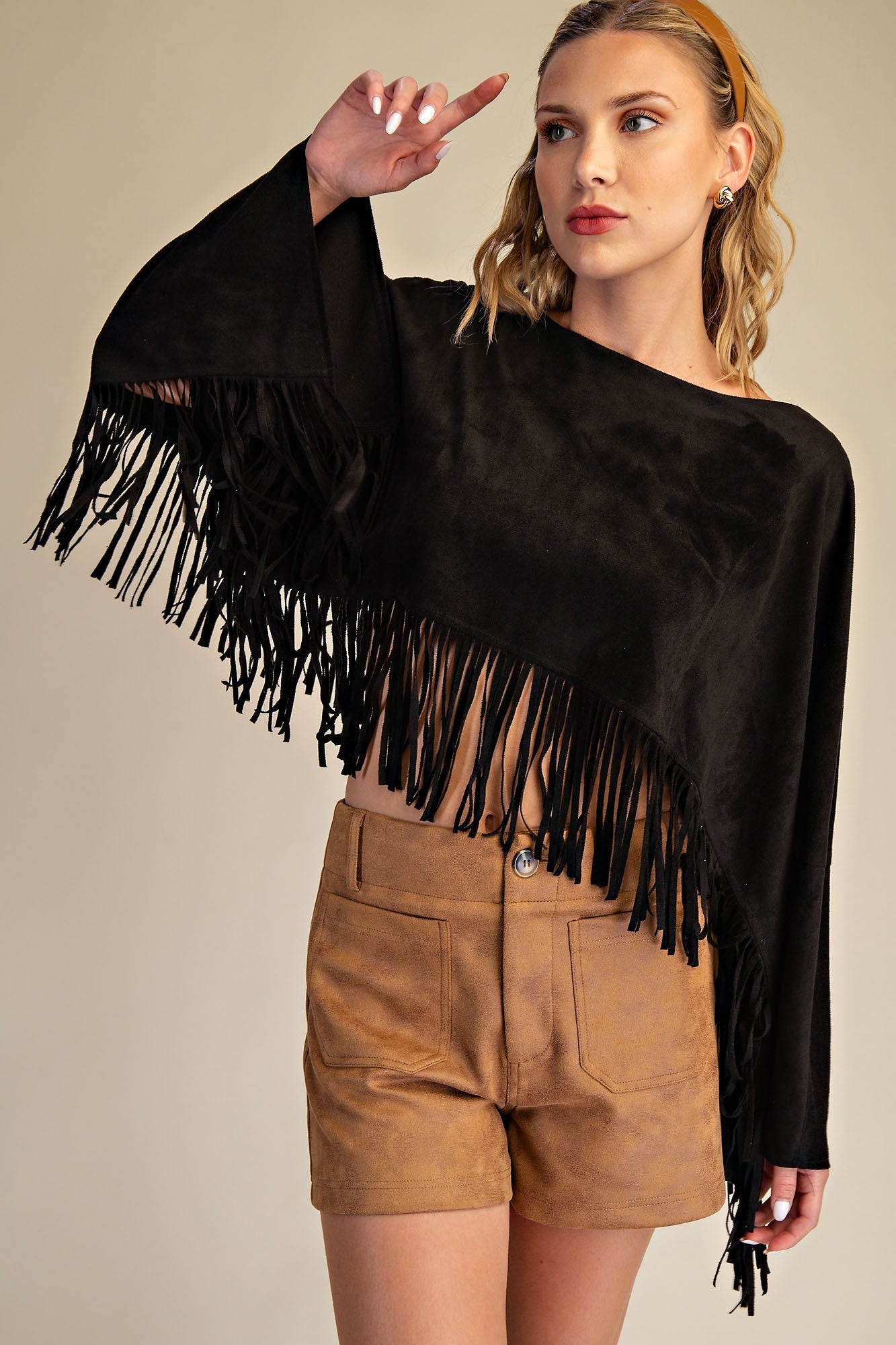 Faux Suede Fringed Capelet