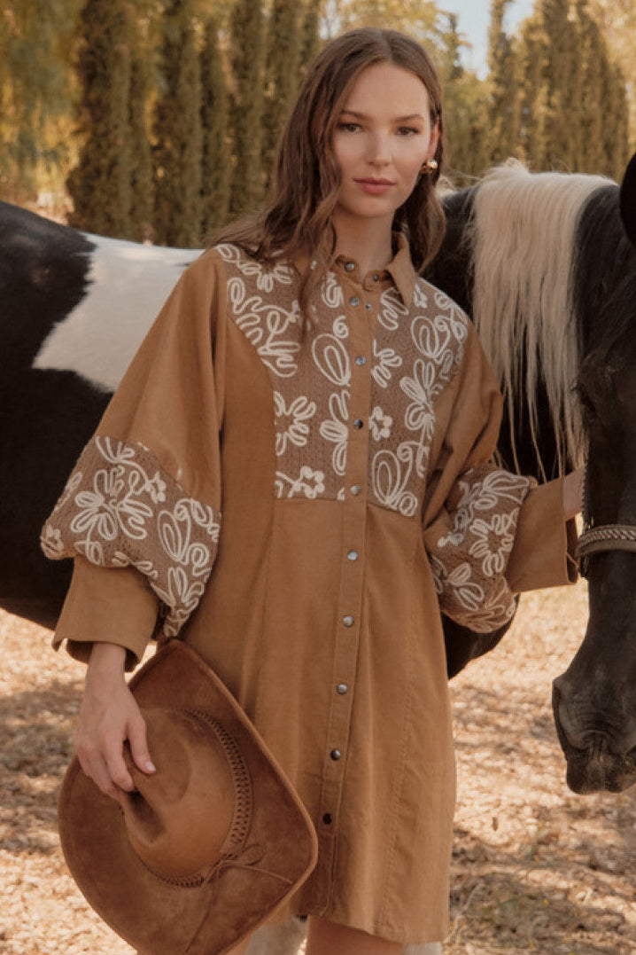 Embroidered Corduroy Dress