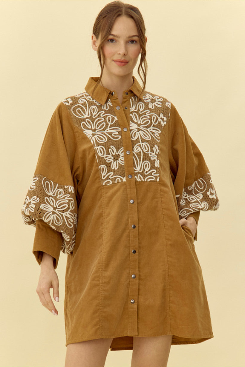 Embroidered Corduroy Dress