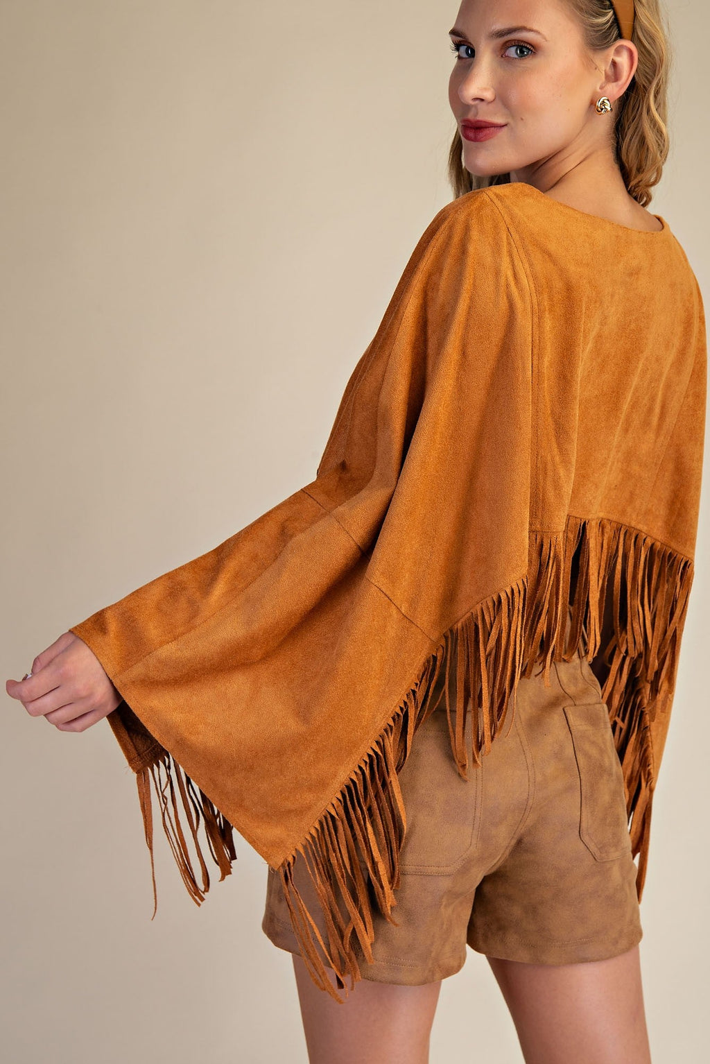 Faux Suede Fringed Capelet