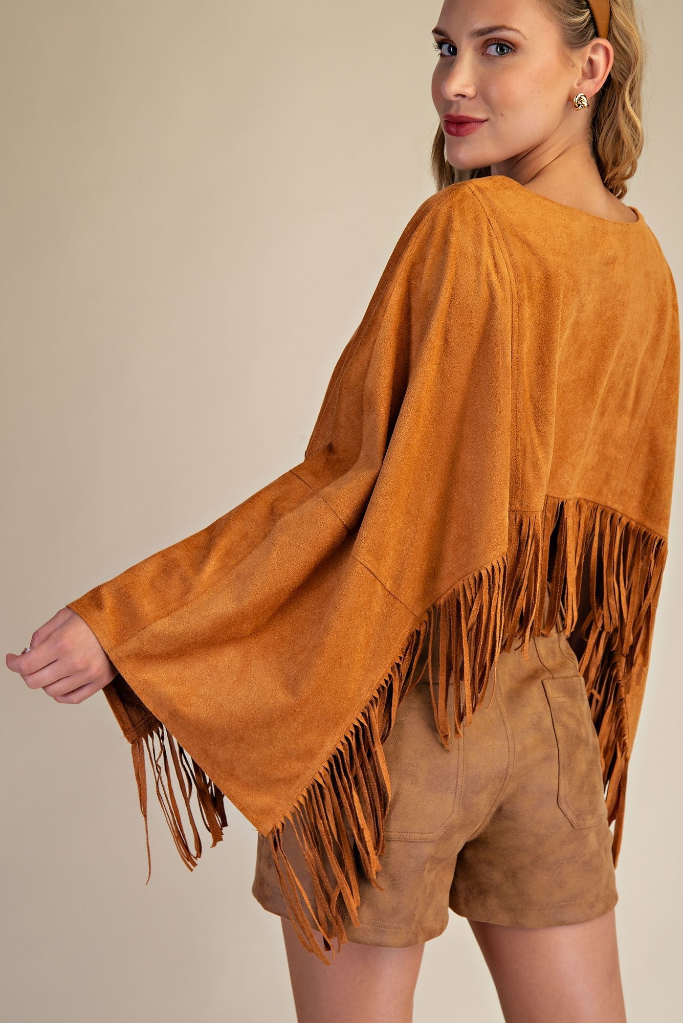 Faux Suede Fringed Capelet