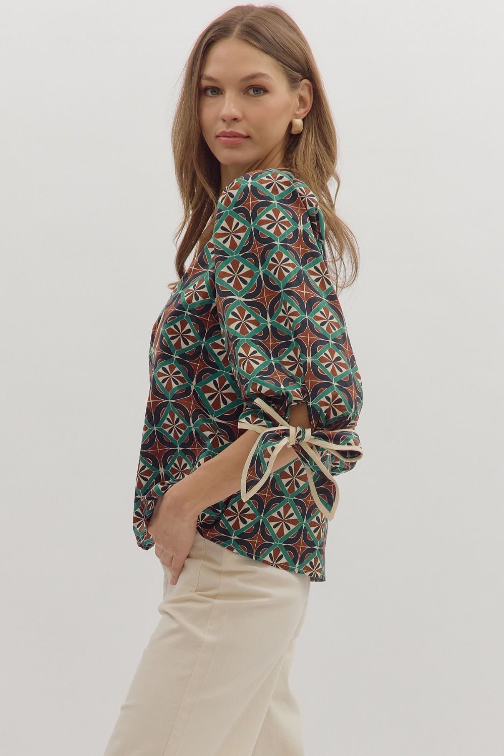 Geometric Print Bow Blouse