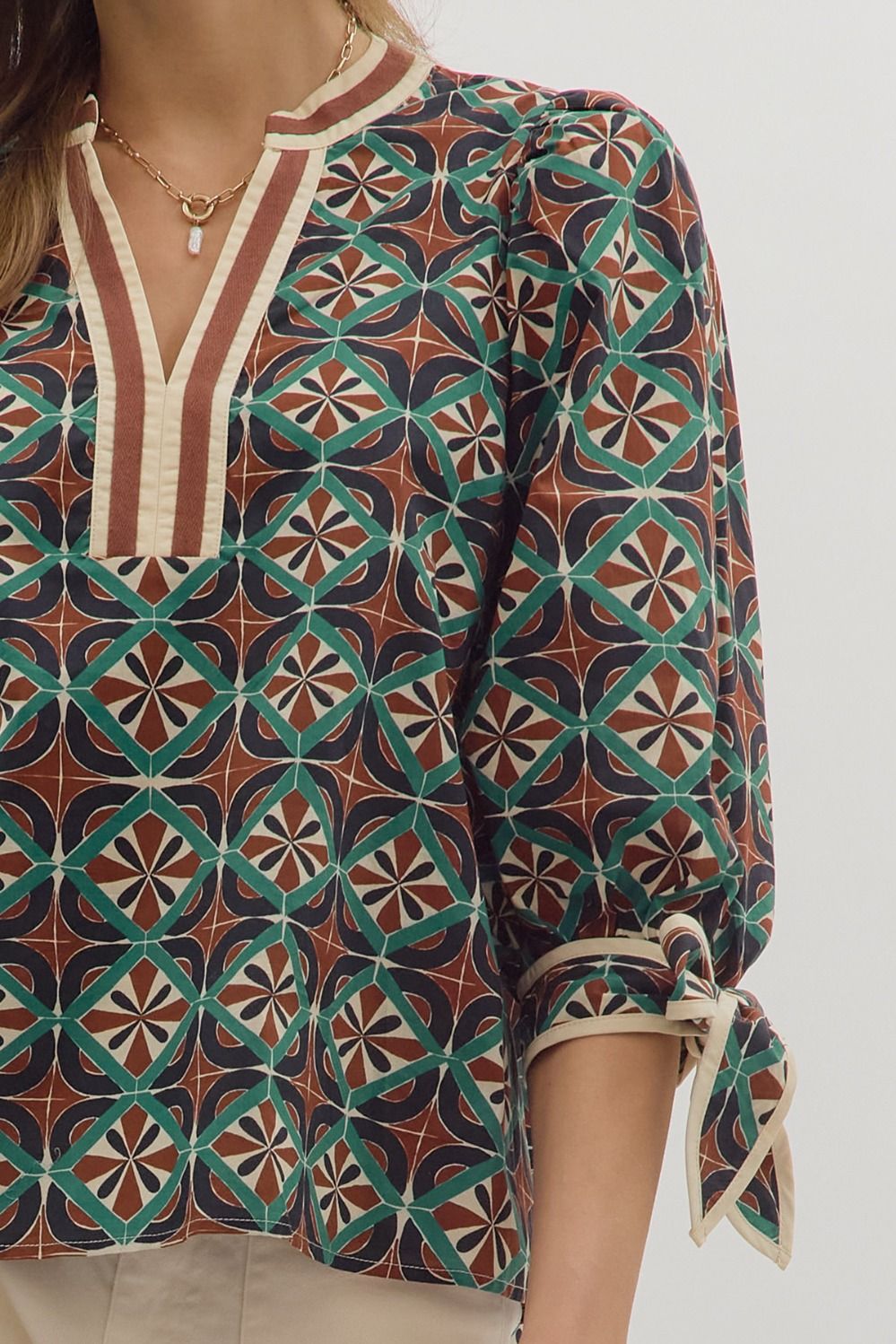 Geometric Print Bow Blouse