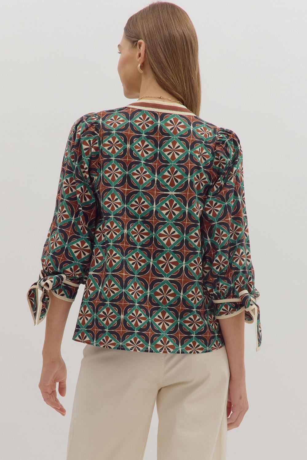 Geometric Print Bow Blouse
