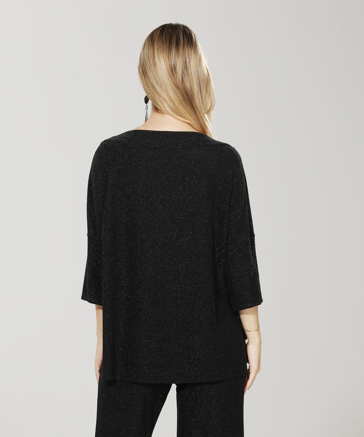 High-Low 3/4 Sleeve Boat Neck Glitter Top