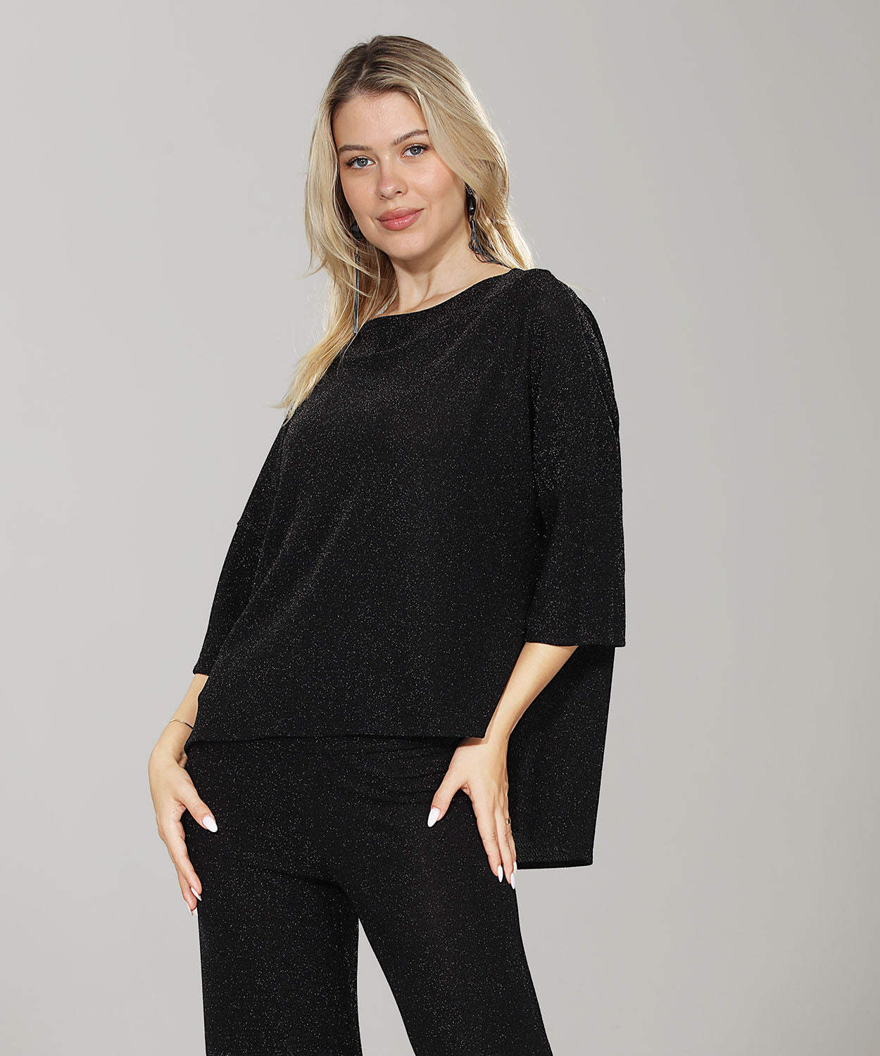 High-Low 3/4 Sleeve Boat Neck Glitter Top